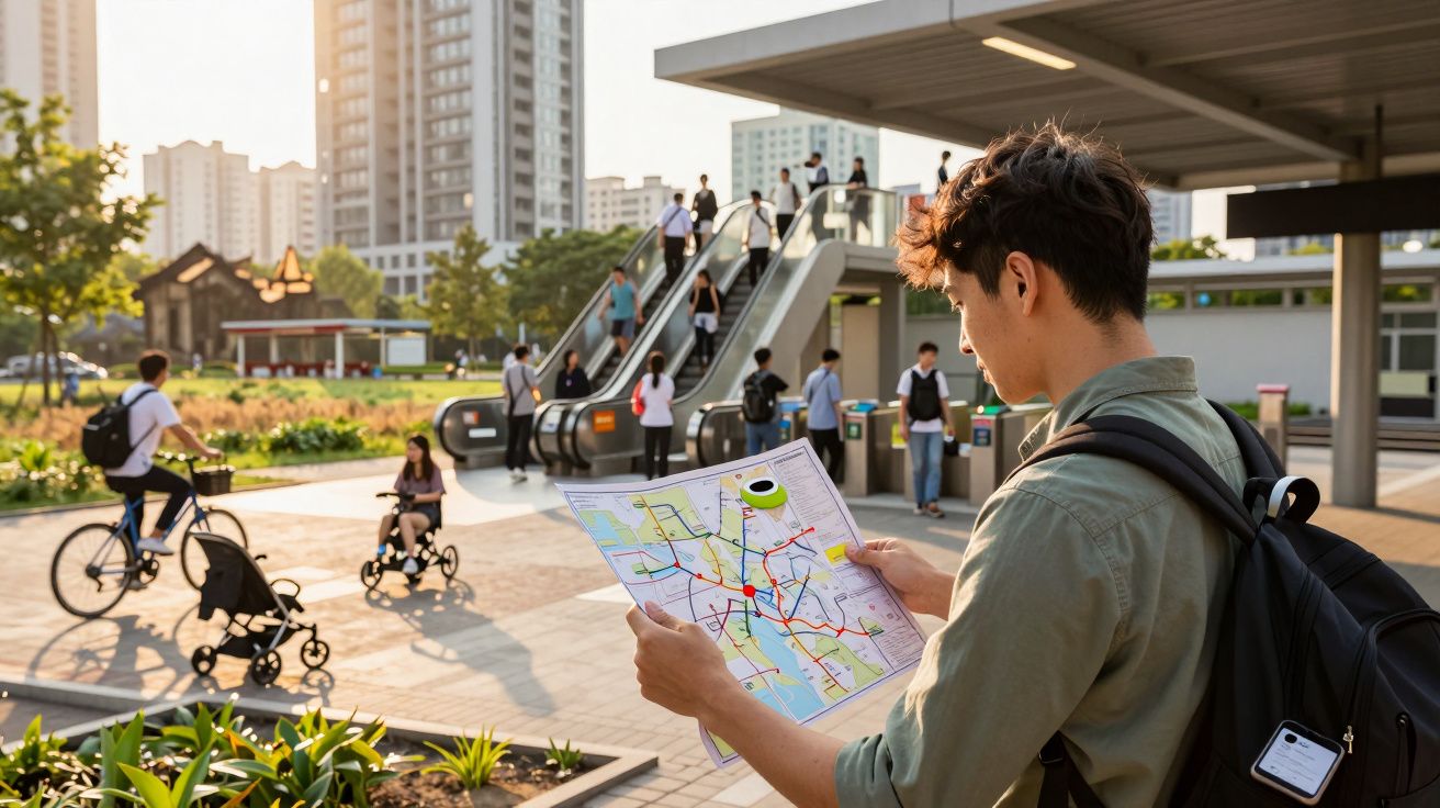 Mann mit Rucksack betrachtet Stadtplan vor Rolltreppenstation, Menschen gehen und fahren Fahrrad, städtische Umgebung.