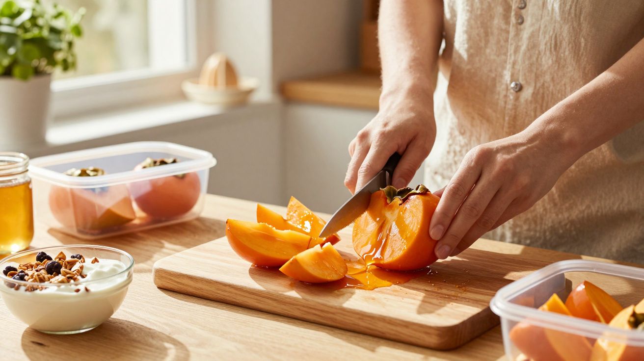 Person schneidet Persimone auf einem Schneidebrett, neben Joghurt und honiggefülltem Glas auf Holztisch.