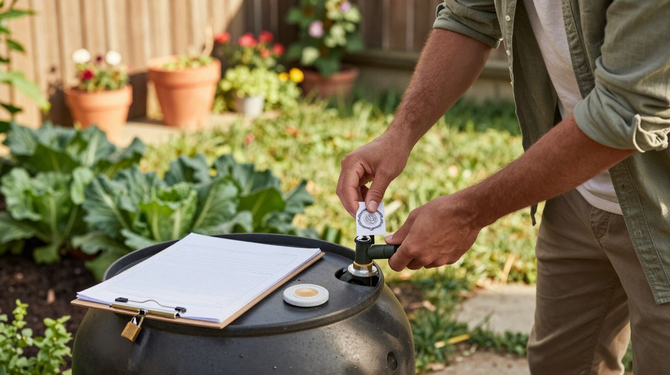 Person füllt Wasser aus Fass in kleineren Behälter, im Garten mit Pflanzen und Klemmbrett auf Fass.