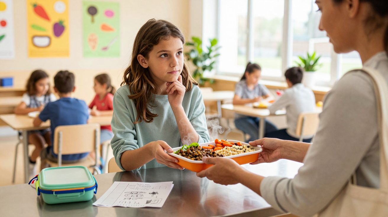 Mädchen in der Schulkantine erhält ein Tablett mit Essen von einer Frau. Kinder im Hintergrund sitzen an Tischen.