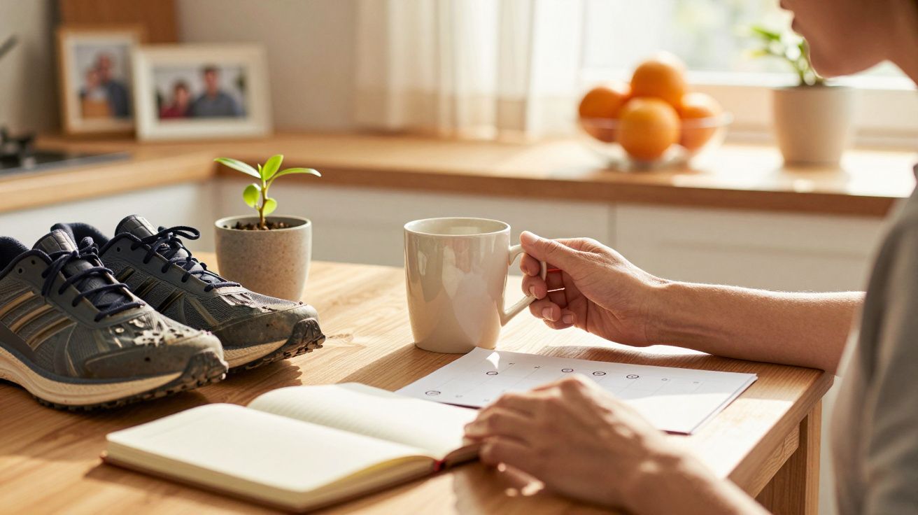 Person am Tisch mit Kalender, Kaffeetasse, Laufschuhen und Topfpflanze, im Hintergrund Obst und Familienfoto.