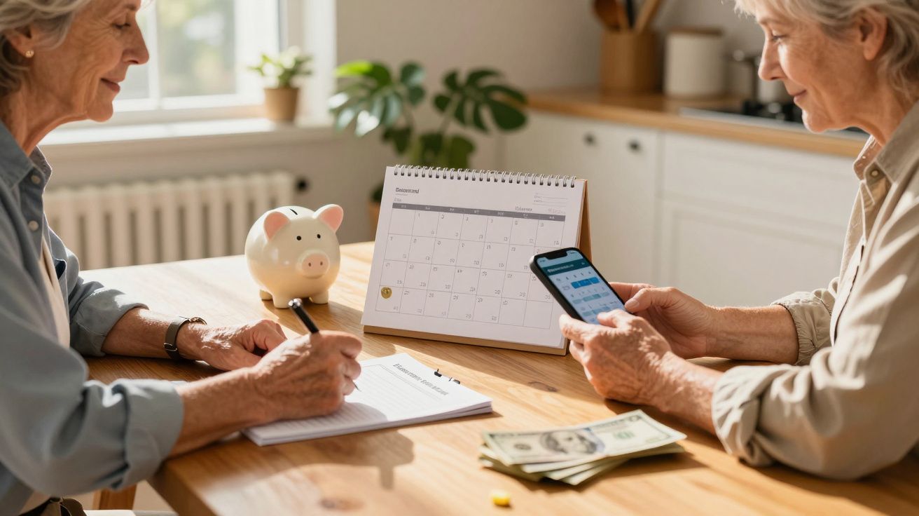 Zwei ältere Frauen am Tisch, eine schreibt in ein Notizbuch, die andere nutzt ein Smartphone. Sparschwein und Kalender sichtb