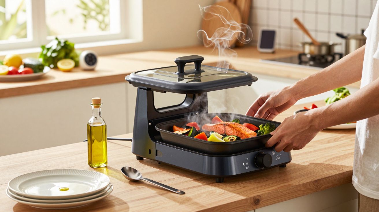 Person kocht Gemüse und Lachs auf einem Tischgrill in moderner Küche, Dampf steigt auf.