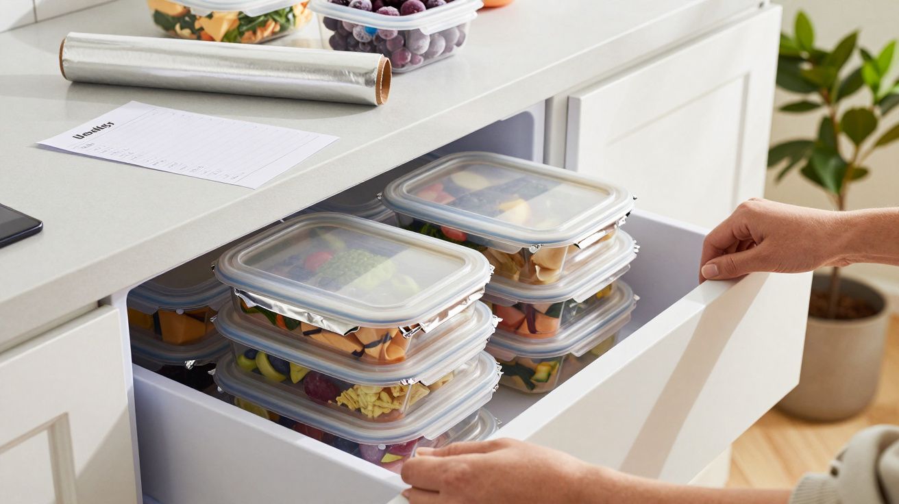 Person verstaut mehrere mit Essen gefüllte Plastikdosen in einer weißen Küchenschublade, daneben eine Liste und Frischhaltefo