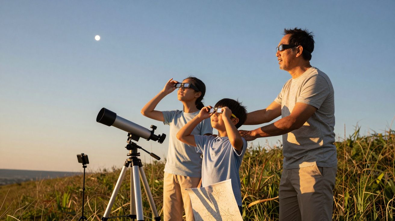 Familie beobachtet mit Teleskop und Sonnenbrillen den Himmel bei Sonnenuntergang in einer Wiese. Mond am Himmel sichtbar.