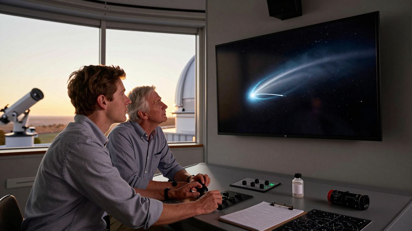Zwei Männer in einem Observatorium betrachten das Bild eines Kometen auf einem Bildschirm. Im Hintergrund ein Teleskop.