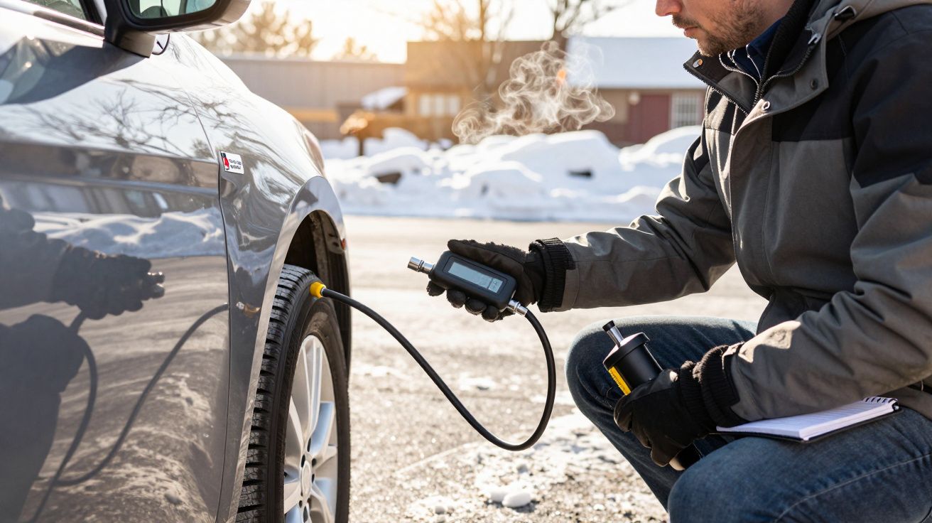 Mann prüft Reifendruck eines Autos im Winter, während Dampf an kaltem Morgen zu sehen ist.