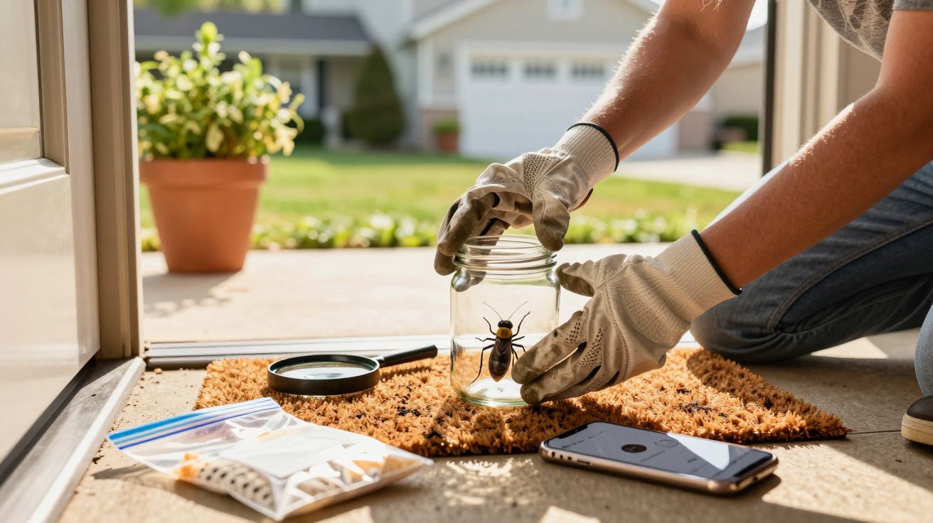 Person mit Handschuhen setzt einen Käfer in ein Glas auf einer Fußmatte, neben Smartphone, Lupe und Ziptüte.