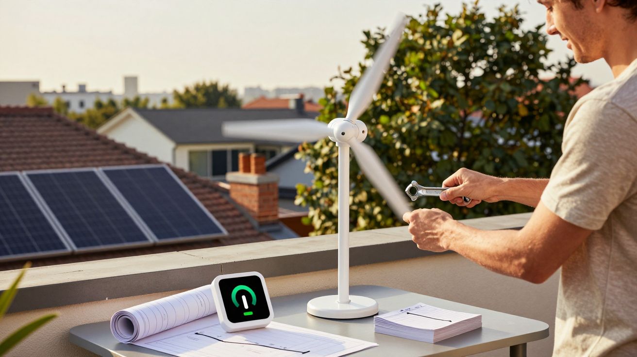 Mann arbeitet an einem kleinen Windrad auf einem Balkon, mit Solarpanelen im Hintergrund und einem digitalen Messgerät.