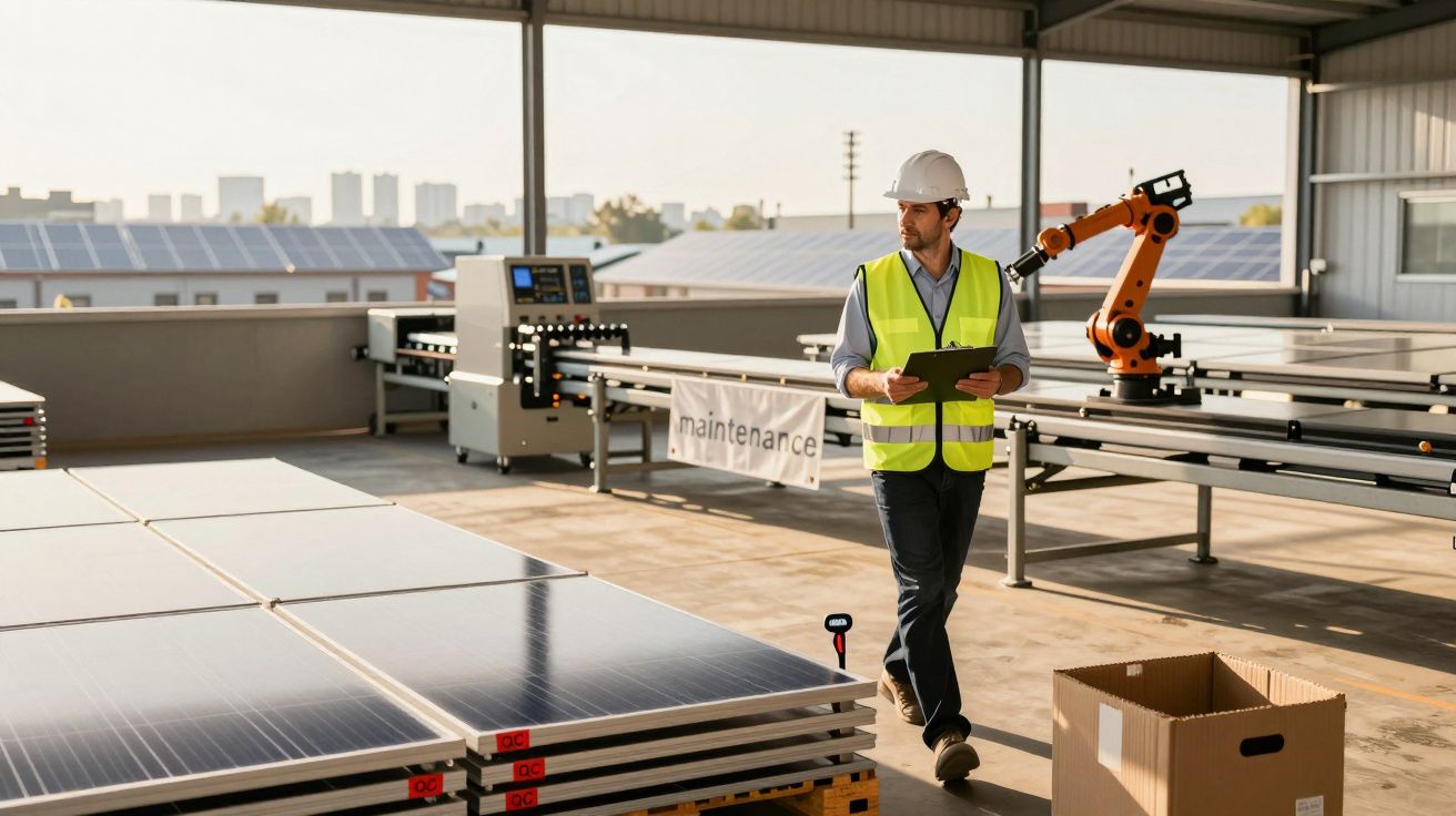 Ingenieur in Schutzweste und Helm inspiziert Solarpaneele auf einer Werkbank in einer Fabrikhalle.
