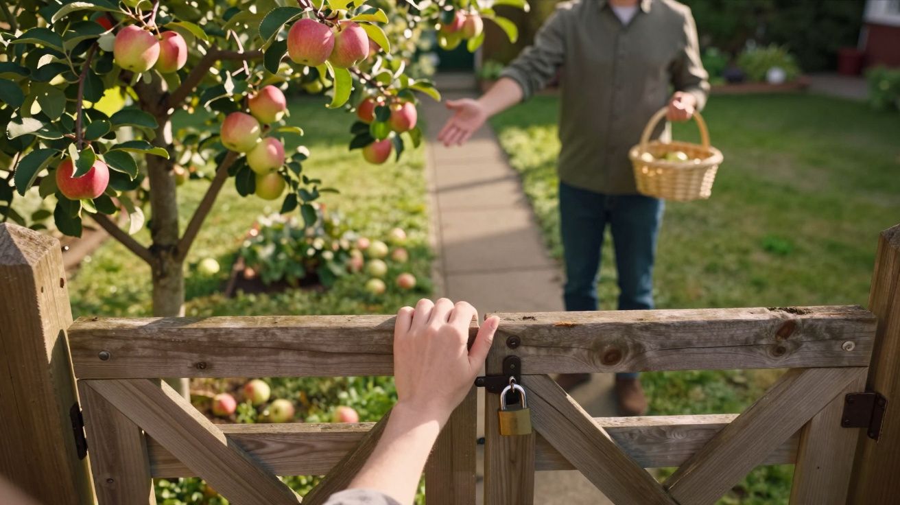 Hand öffnet ein Tor zu einem Garten mit Apfelbaum, hinter dem eine Person mit einem Korb steht.