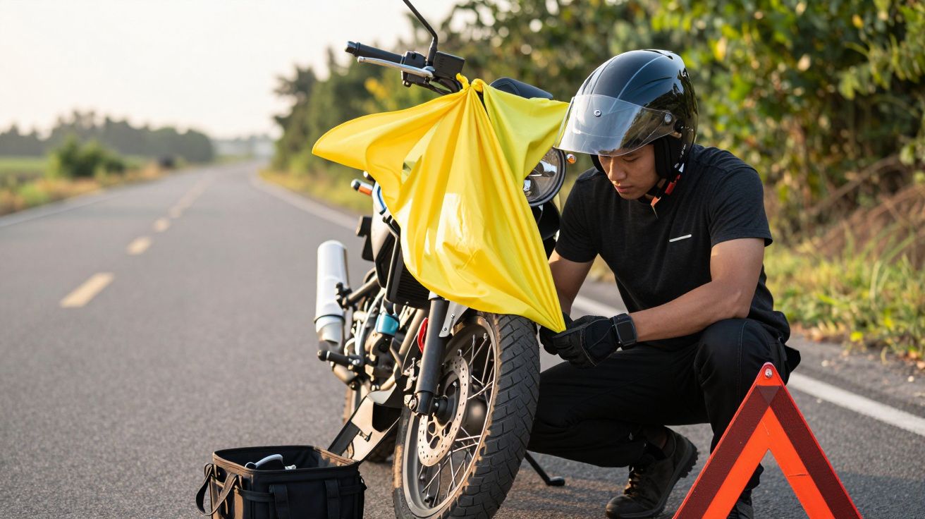 Mann mit Helm repariert Motorrad auf Landstraße, gelbes Tuch abgedeckt, Warndreieck im Vordergrund.