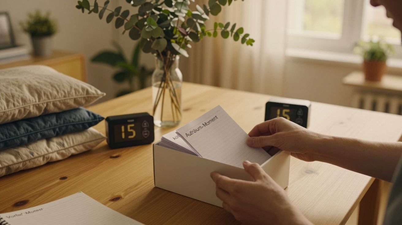Person blättert durch Karten in Box auf Tisch mit Pflanzen und Digitaluhren im Hintergrund.