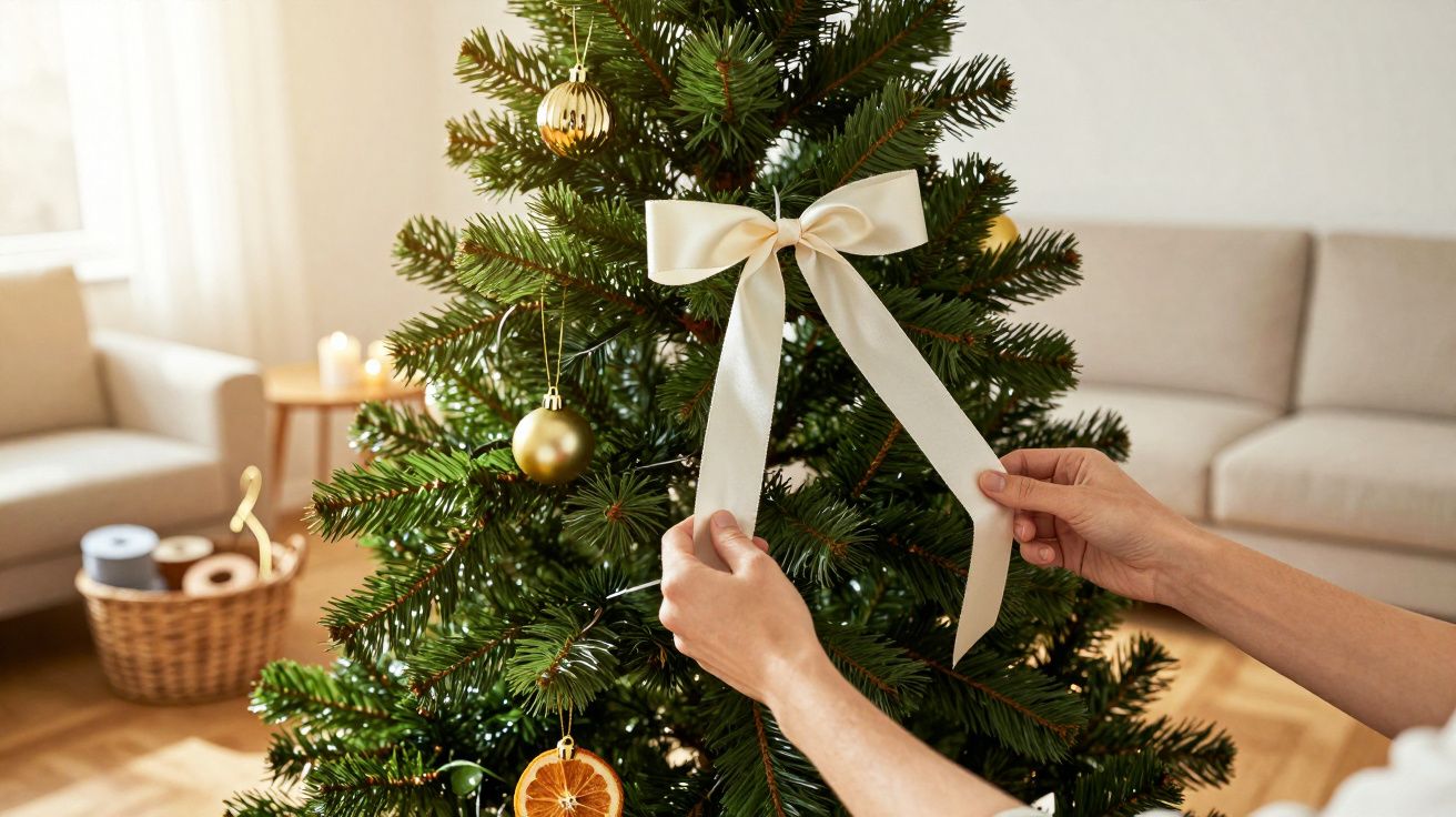Hände schmücken Weihnachtsbaum mit weißer Schleife, goldenen Kugeln und getrockneten Orangenscheiben in gemütlichem Wohnzimme