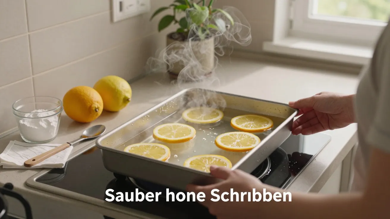 Person hält dampfendes Backblech mit Zitronenscheiben in der Küche. Im Hintergrund zwei Zitronen und eine Schüssel.