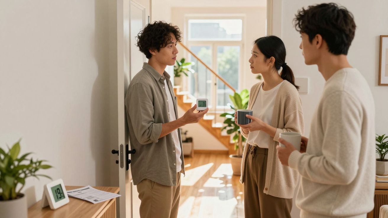 Drei Personen unterhalten sich im hellen Wohnzimmer, zwei halten Tassen, eine zeigt ein Gerät. Pflanzen im Hintergrund.