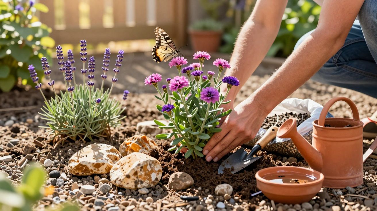 Mann pflanzt violette Blumen im Garten, Schmetterling auf Blüte, Gießkanne und Gartengeräte daneben.