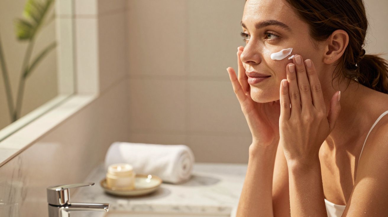 Frau trägt vor einem Spiegel Gesichtscreme auf die Wange auf, im Badezimmer mit Kerze und Handtuch.