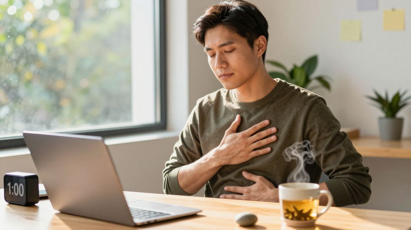 Ein Mann sitzt besorgt am Schreibtisch, hält sich die Brust, mit Laptop und dampfender Tasse vor sich.