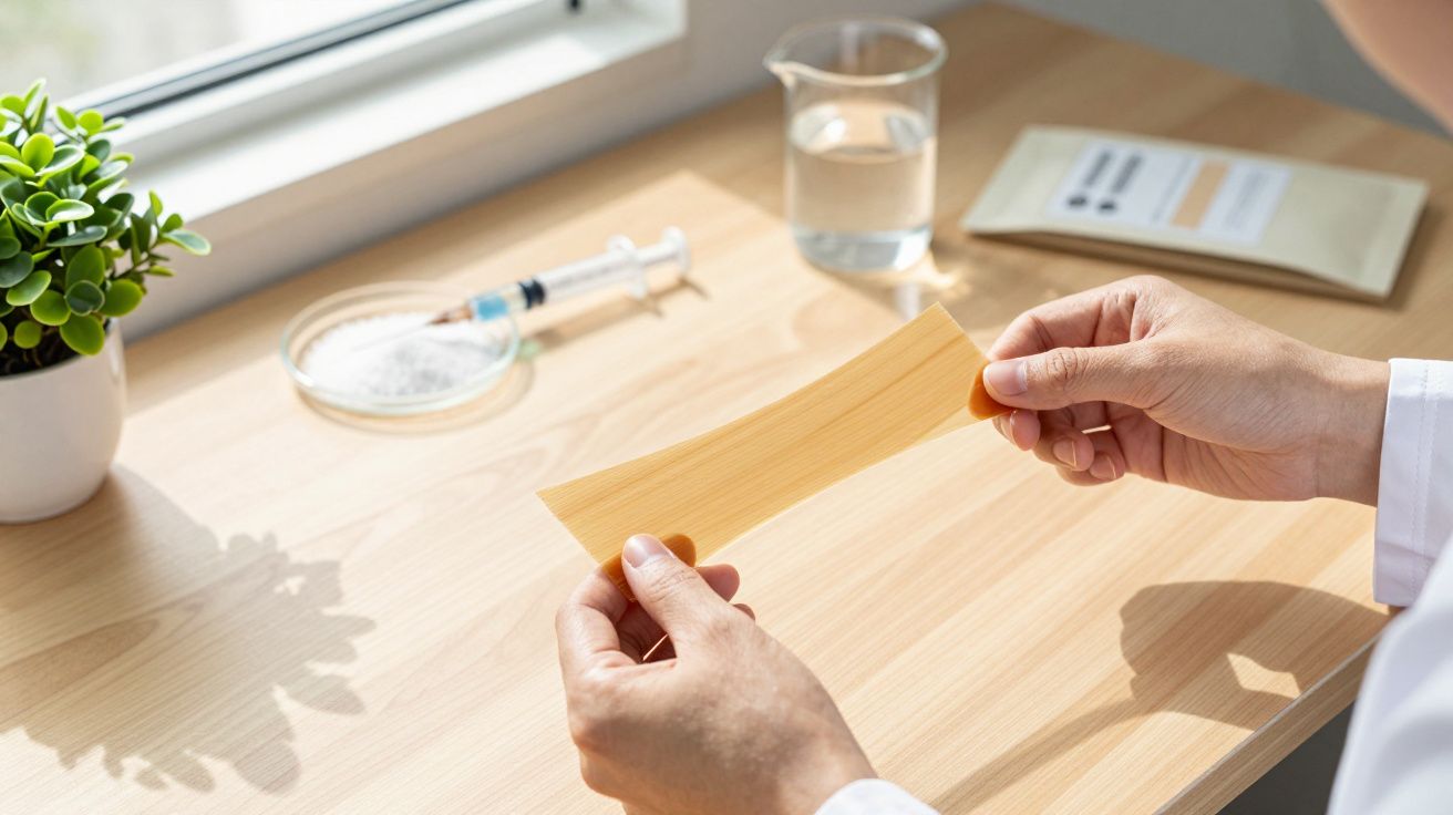 Person hält ein rechteckiges Blatt Papier an einem Tisch, neben einer Pflanze, Spritze und Becherglas mit Wasser.