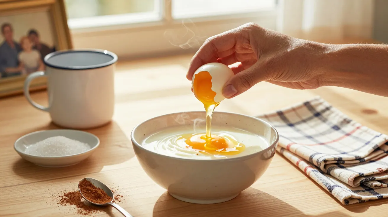 Hand öffnet Ei über Schüssel auf Holztisch, daneben Tasse, Zucker, Löffel, Gewürz und Servietten.