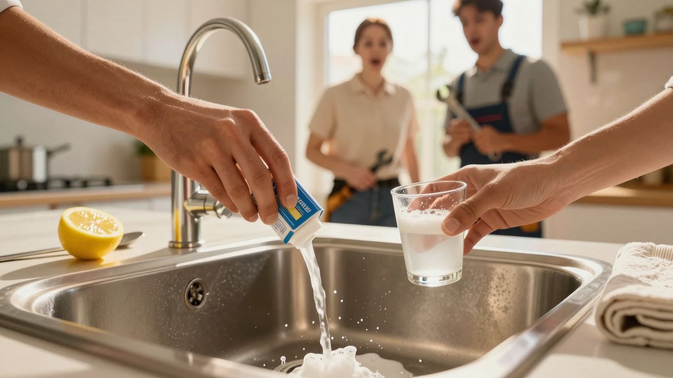 Zwei Hände reinigen das Spülbecken mit Pulverreiniger, im Hintergrund ein überrascht aussehendes Paar.