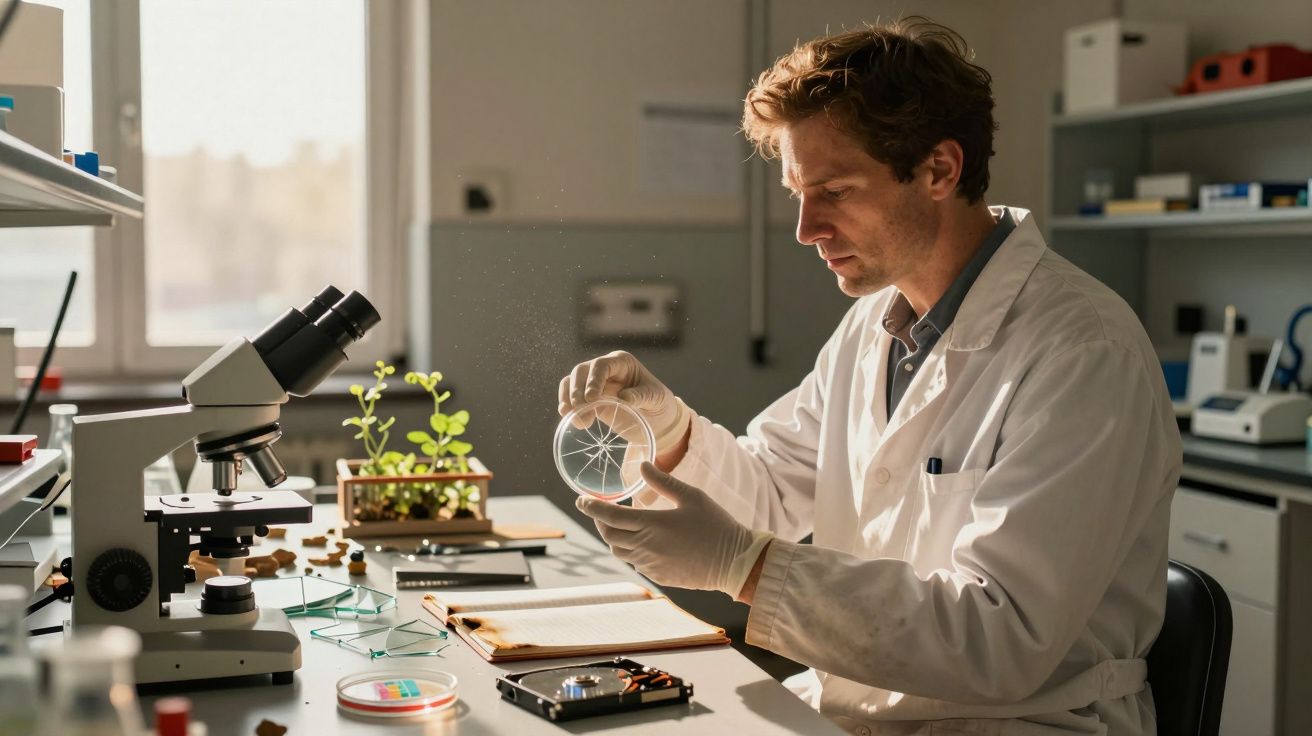 Wissenschaftler im weißen Kittel untersucht eine Petrischale im Labor mit Pflanzen und Mikroskop im Hintergrund.