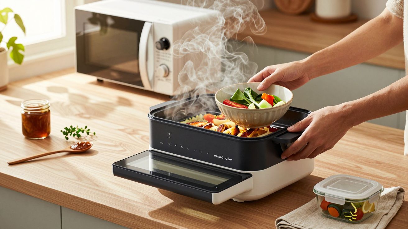 Person dampft Gemüse in einer modernen Dampfgarküche auf einer Arbeitsplatte mit Mikrowelle im Hintergrund.