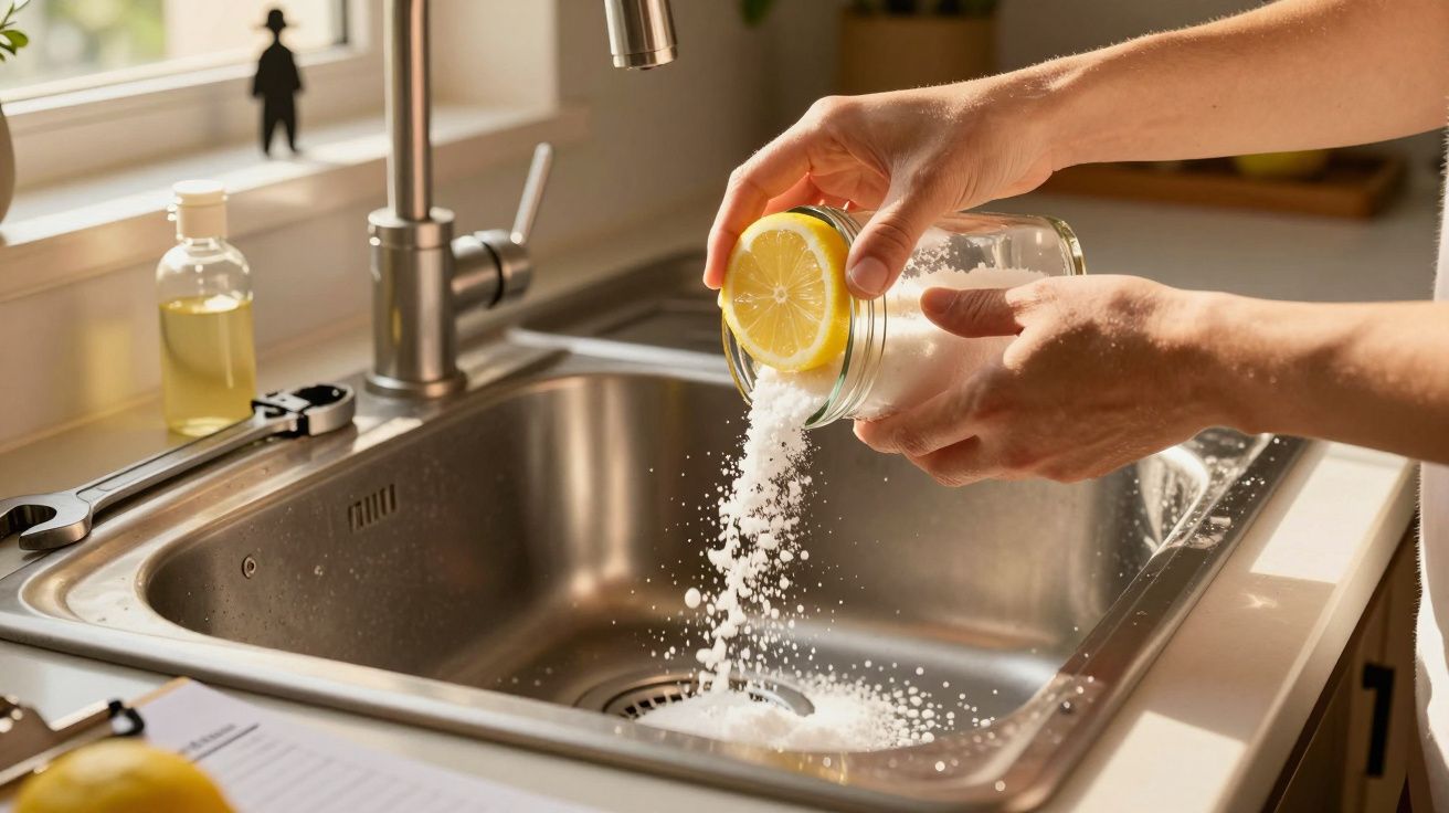 Hände schütten Salz und Zitrone in ein Spülbecken, daneben steht eine Flasche mit Reinigungsmittel am Fenster.