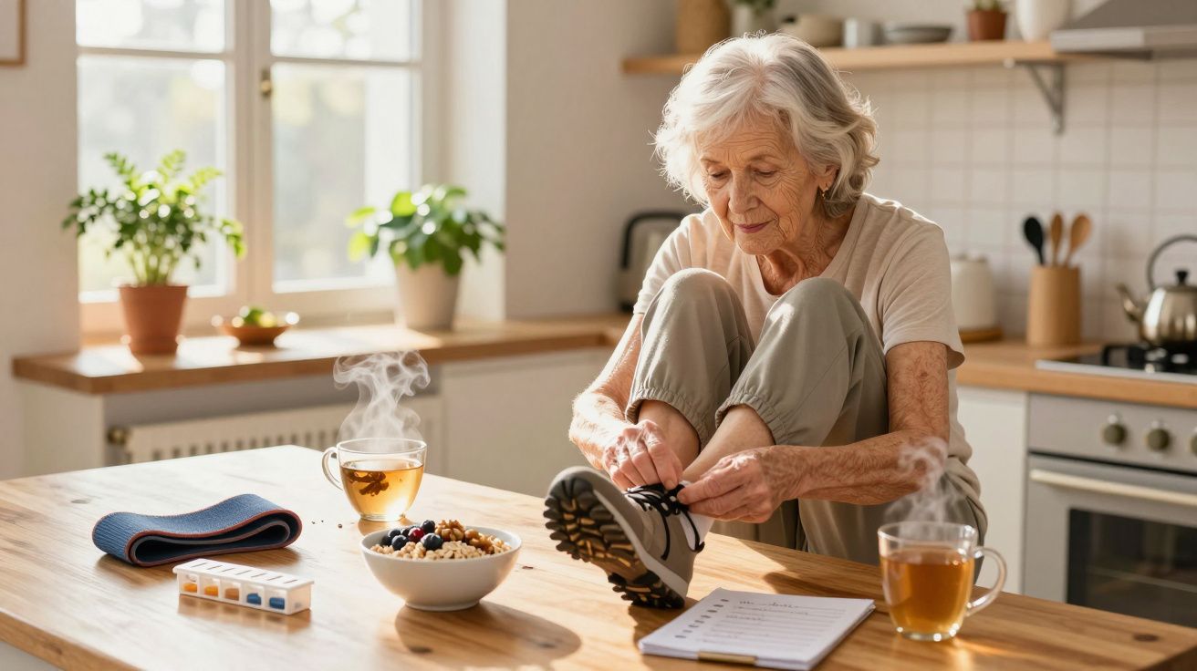 Ältere Frau bindet Schuh auf Küchentisch, neben Tee, Müsli und Medikamentendose, bei Sonnenlicht.