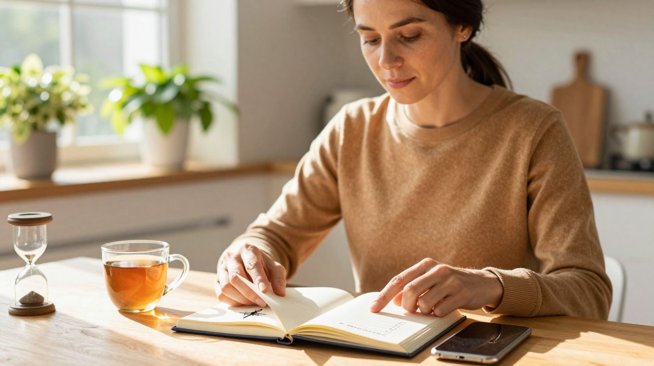 Frau liest in einem Notizbuch am Küchentisch mit einer Tasse Tee, Sanduhr und Smartphone bei Tageslicht.