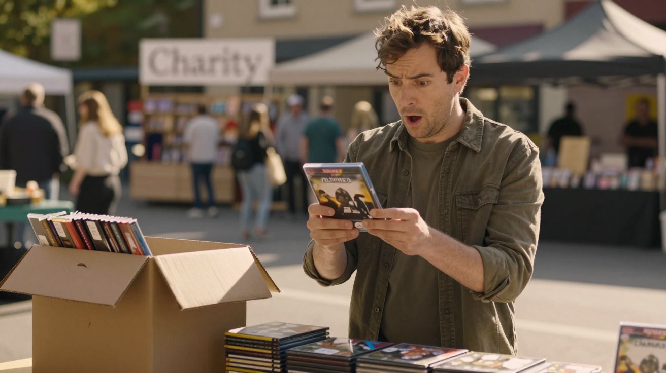 Ein Mann schaut überrascht auf eine DVD an einem Verkaufsstand im Freien, umgeben von anderen DVDs und Menschen.