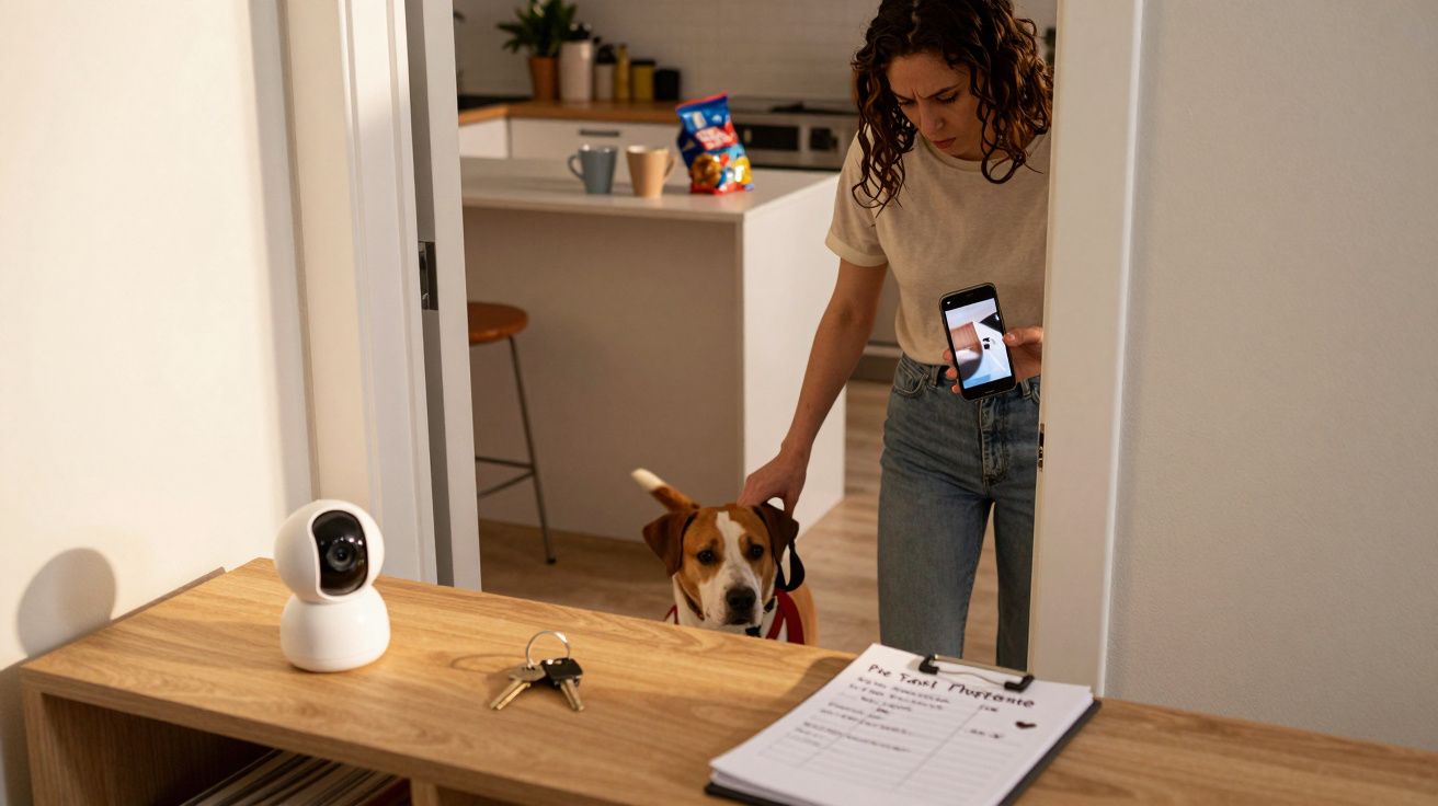 Frau mit Hund und Smartphone steht in der Küche, vor einer Kamera auf einem Tisch mit Schlüssel und Notizblock.