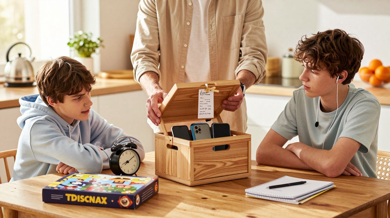 Zwei Jungen am Tisch mit Brettspiel und Wecker, während Erwachsener Smartphones in Holzkiste legt.