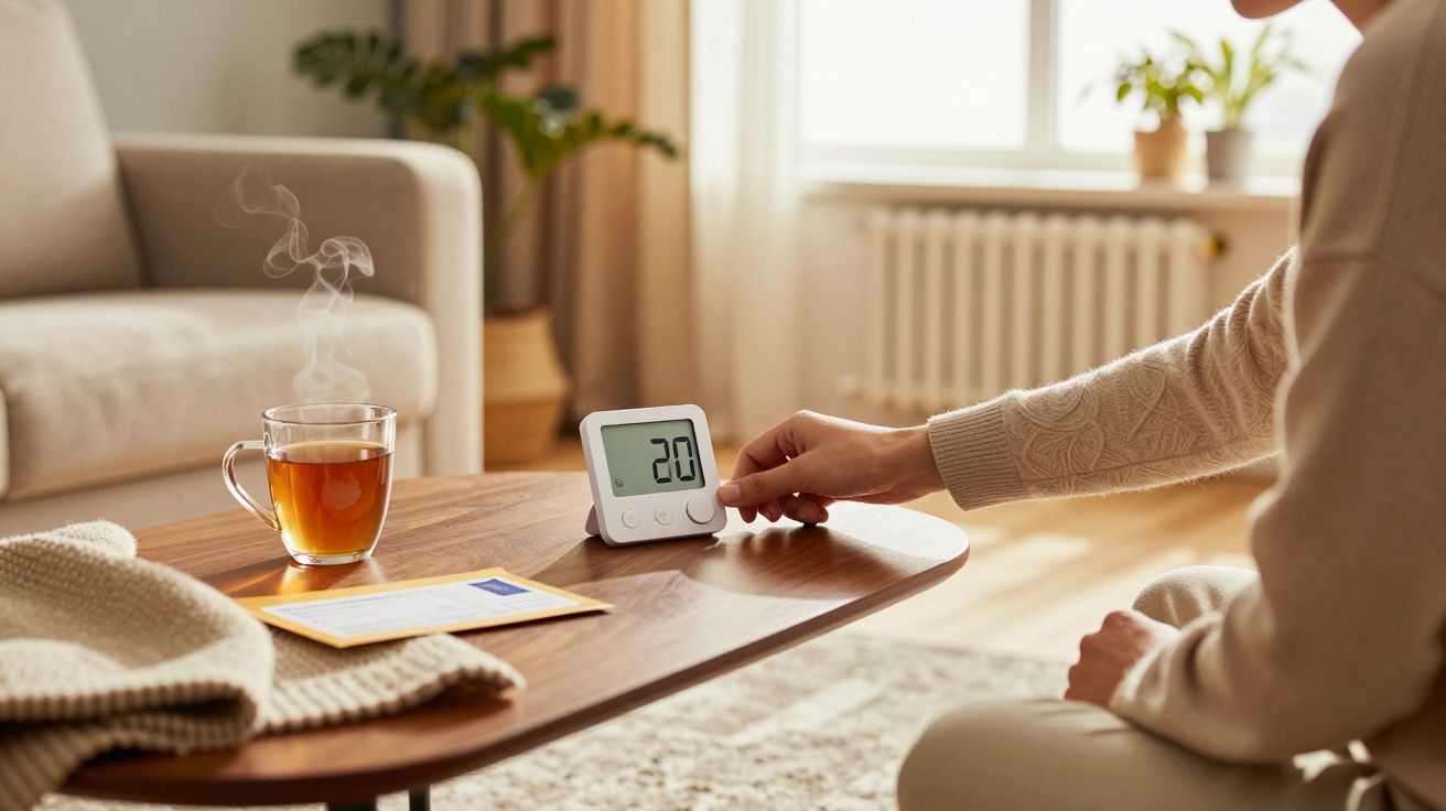 Person stellt Thermostat auf Couchtisch bei 20 Grad ein, daneben Tee und Decke im gemütlichen Wohnzimmer.