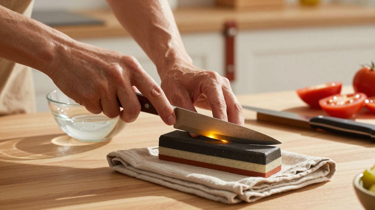 Person schärft ein Messer auf einem Schleifstein in einer Küche, umgeben von geschnittenen Tomaten.