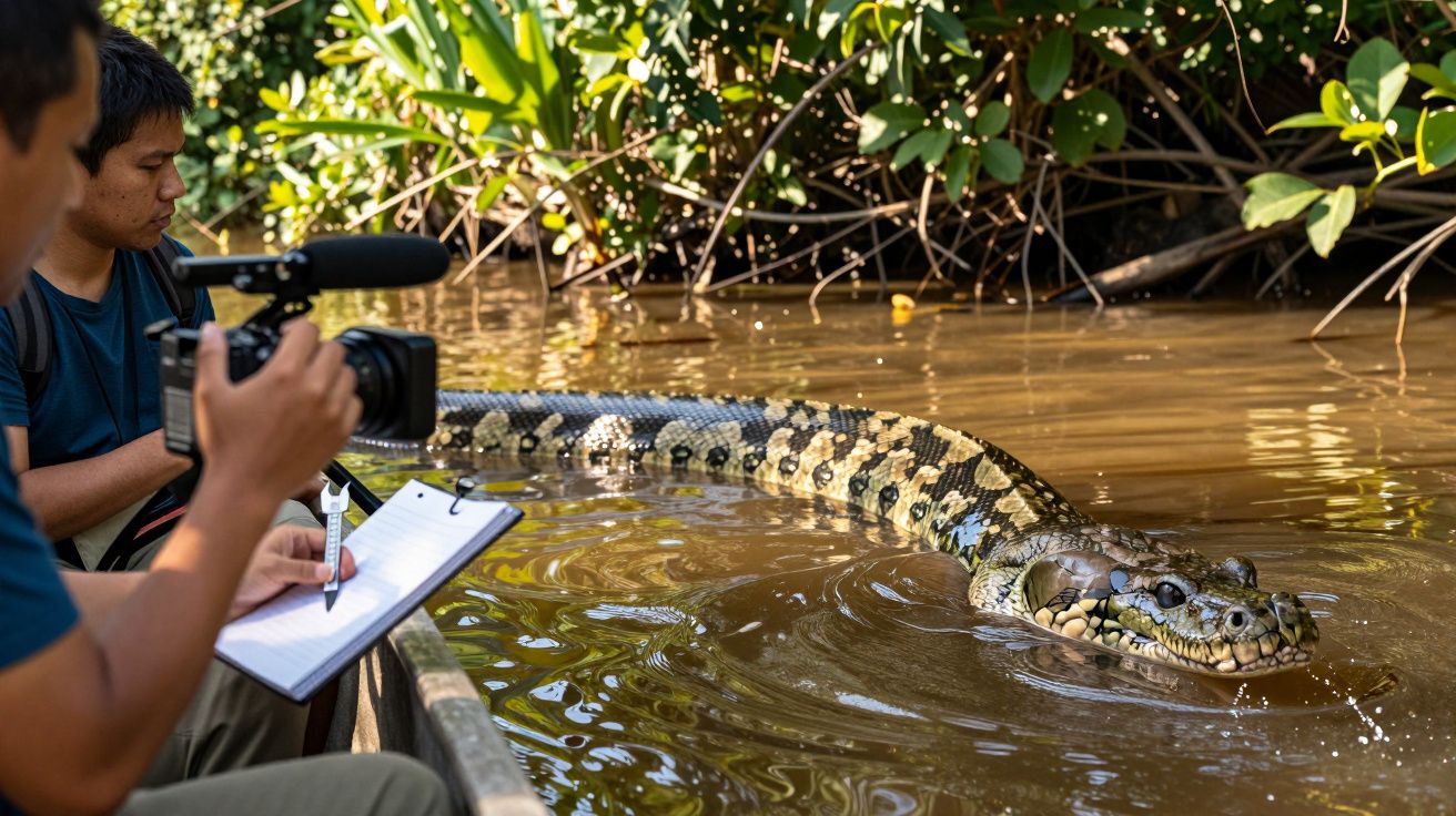 Forscher auf Boot filmen große Anakonda im braunen Flusswasser, umgeben von dichtem grünen Laub.