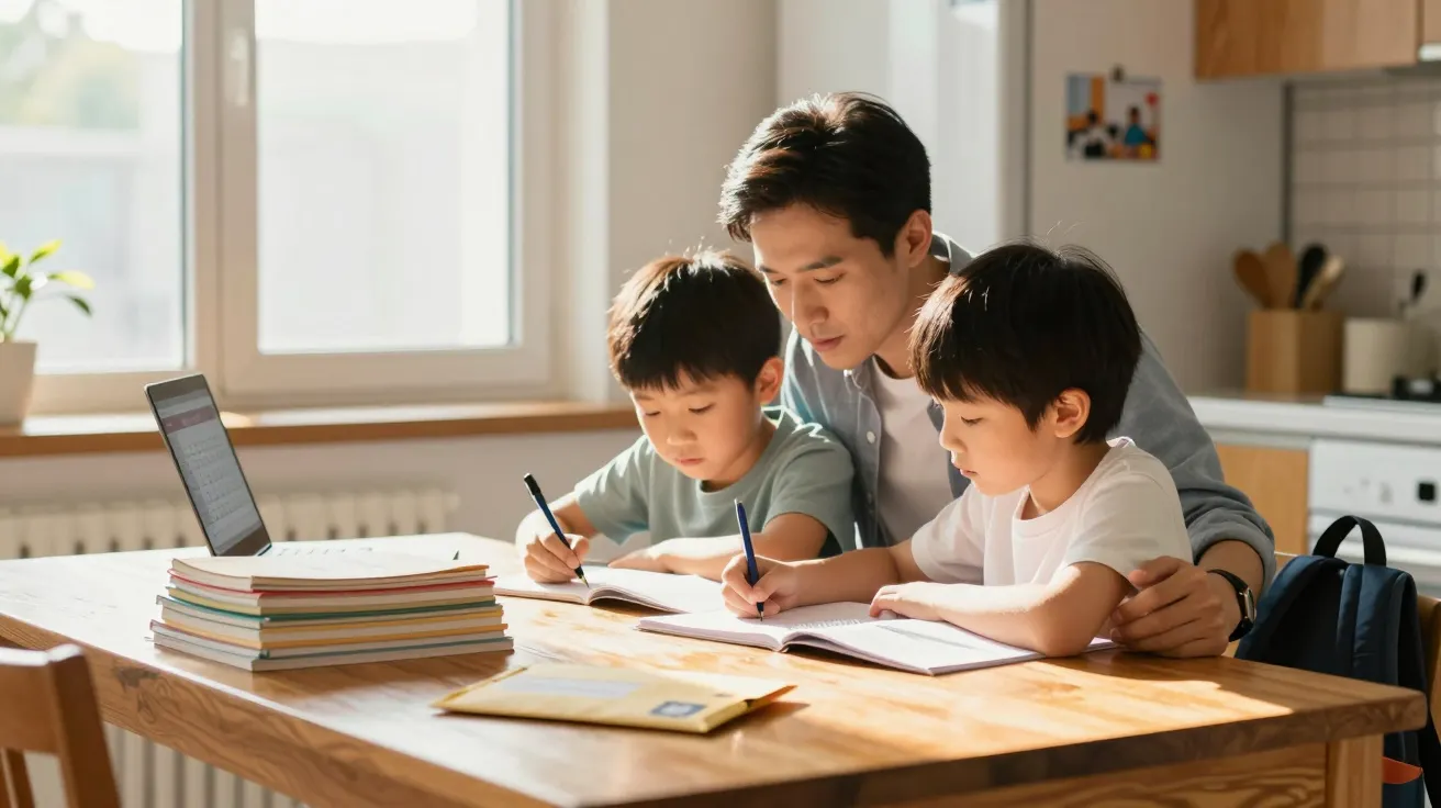 Ein Erwachsener hilft zwei Kindern beim Hausaufgabenmachen am Küchentisch mit Laptops und Stapel von Heften.