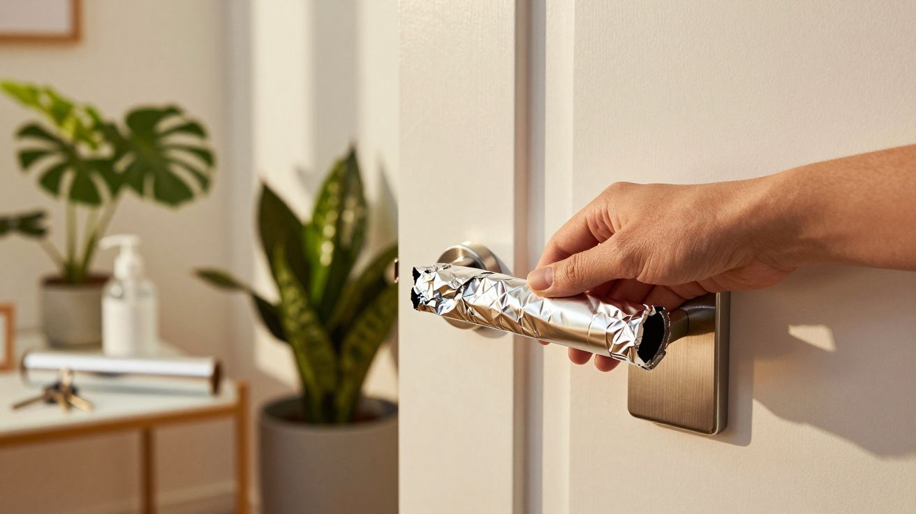 Eine Hand fasst eine mit Alufolie umwickelte Türklinke an, auf einem Tisch im Hintergrund Pflanzen und Haushaltsgegenstände.