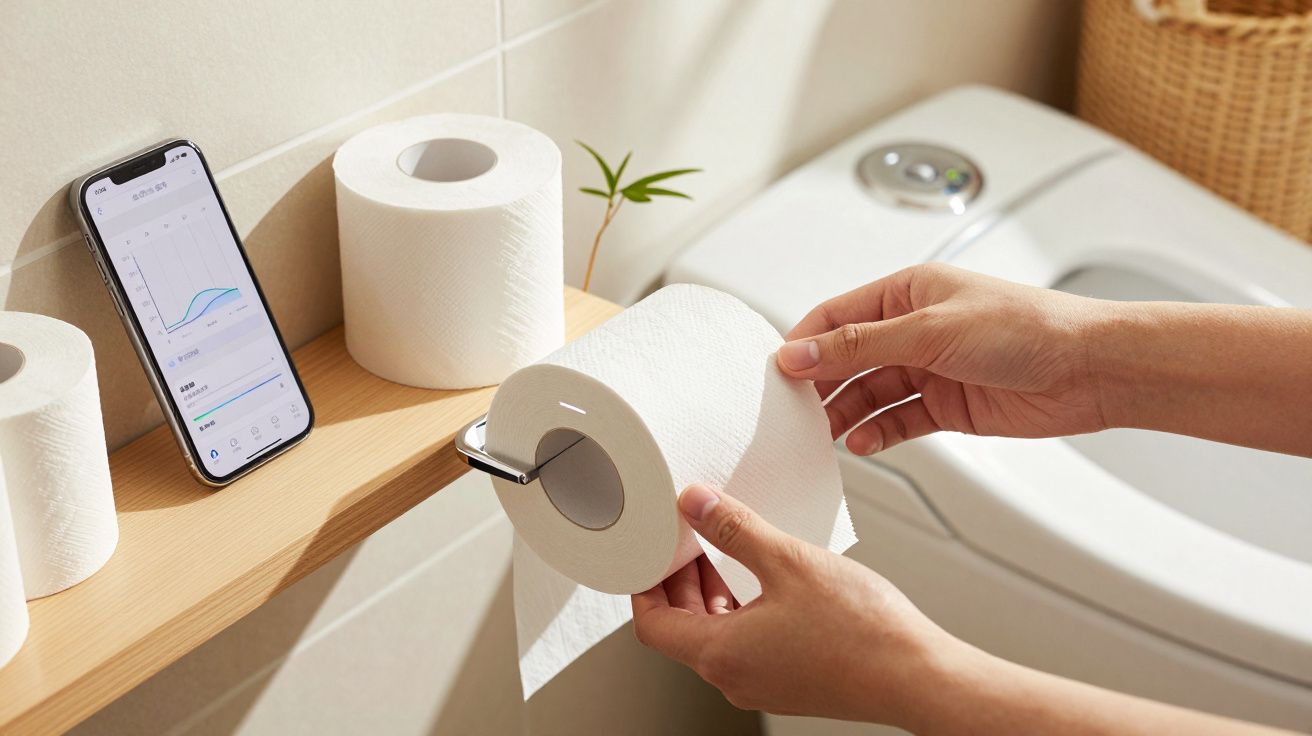 Person legt Toilettenpapier auf Halterung im Badezimmer; Smartphone und zwei Rollen auf Regal daneben.