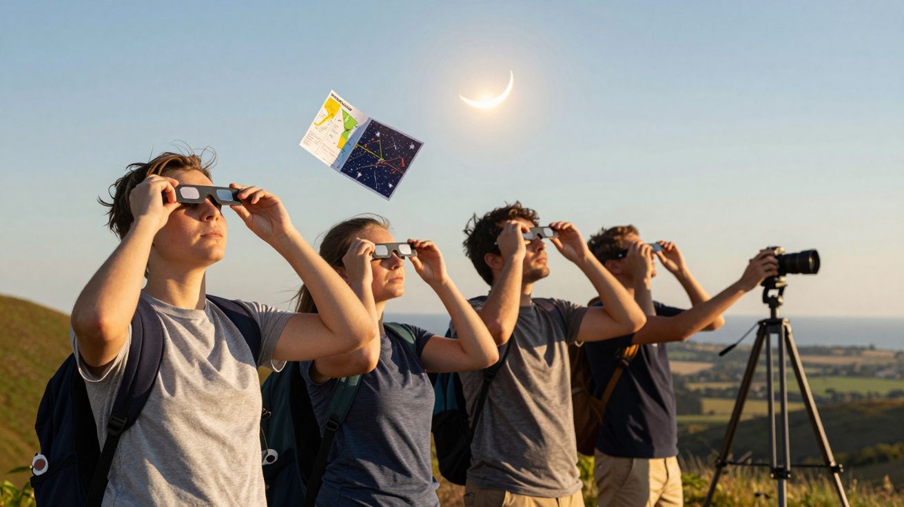 Vier Personen mit Brillen beobachten eine Sonnenfinsternis im Freien, ein Stativ mit Kamera steht daneben.