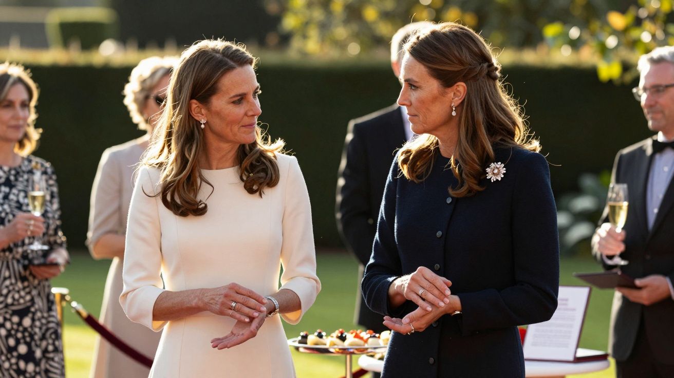 Zwei Frauen in eleganter Kleidung unterhalten sich bei einer Gartenveranstaltung; im Hintergrund Gäste mit Getränken.