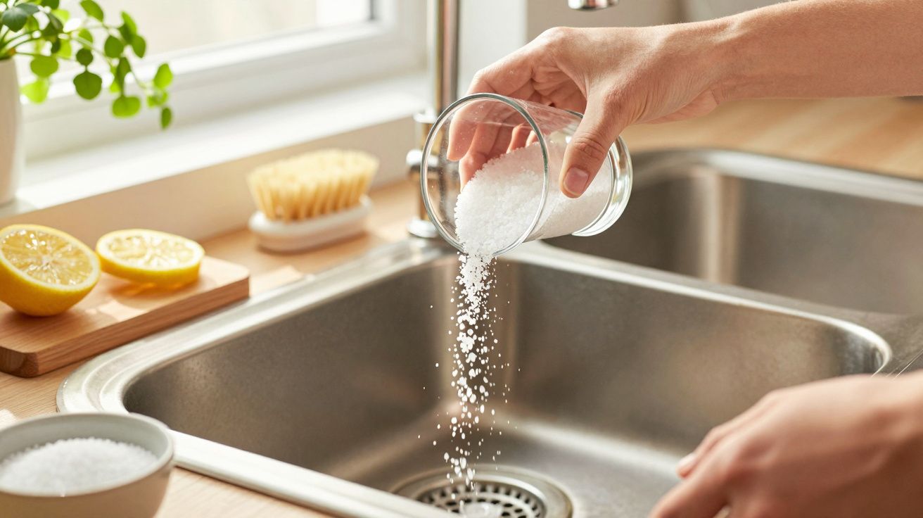Person schüttet Salz in ein Spülbecken, neben einer aufgeschnittenen Zitrone und einer Bürste.