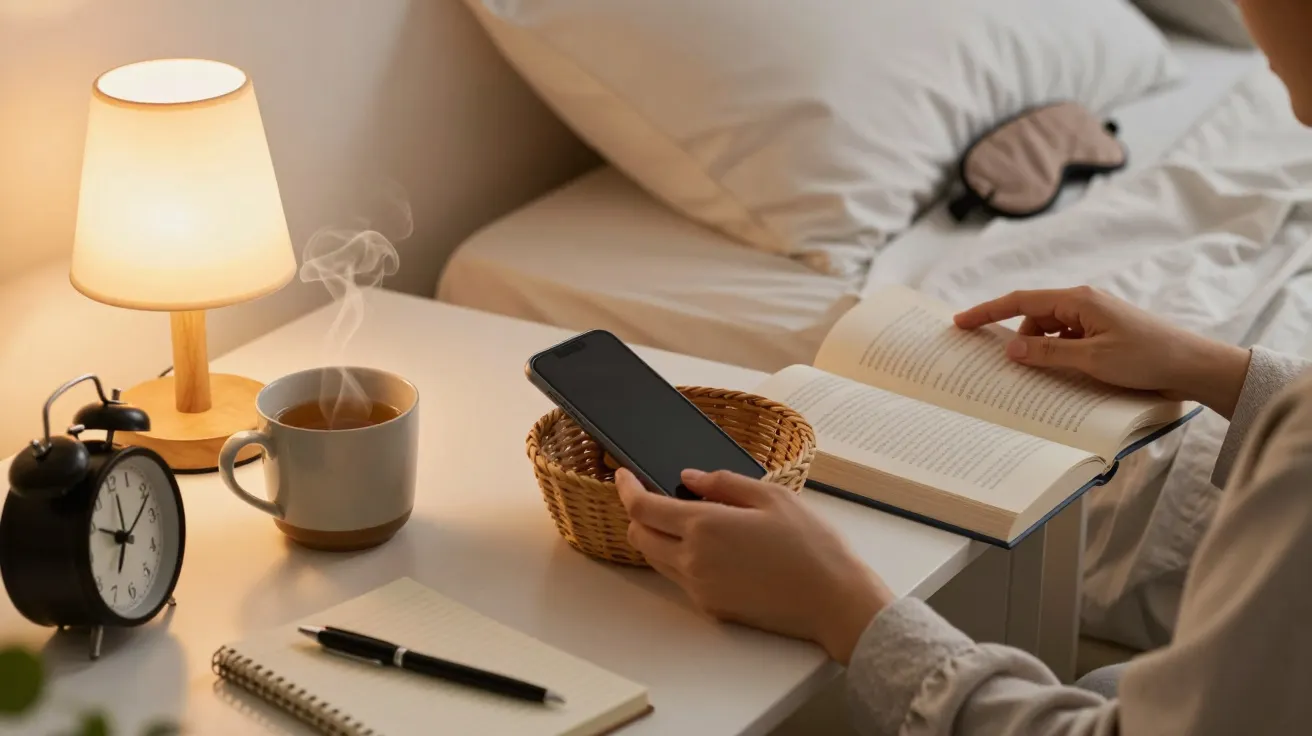 Person im Bett liest bei Lampenlicht, daneben Kaffee, Handy, Notizbuch und Wecker auf dem Nachttisch.