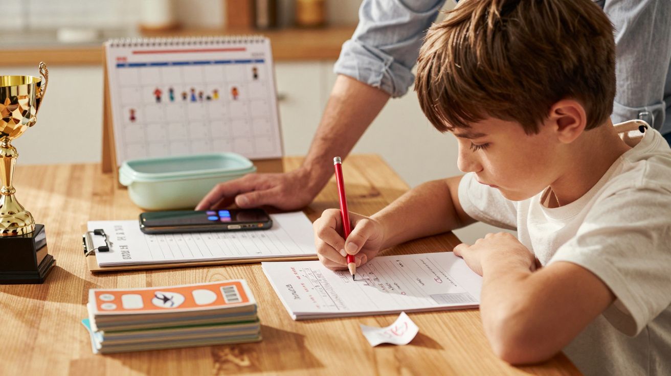 Junge macht Hausaufgaben am Tisch, Trophäe und Kalender daneben. Erwachsene Hand zeigt auf Blatt.