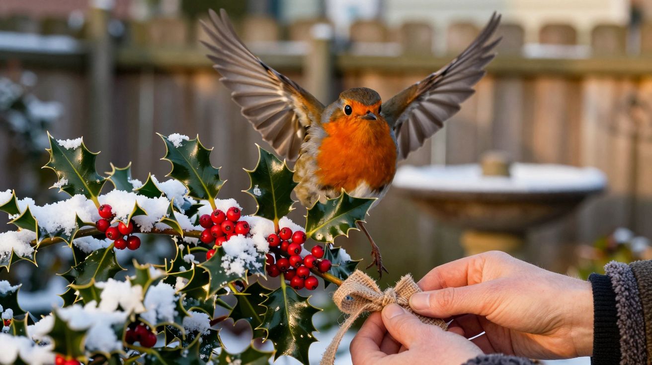 Rotkehlchen fliegt über schneebedeckten Stechpalmenzweig mit roten Beeren, während Hände dekoratives Band halten.