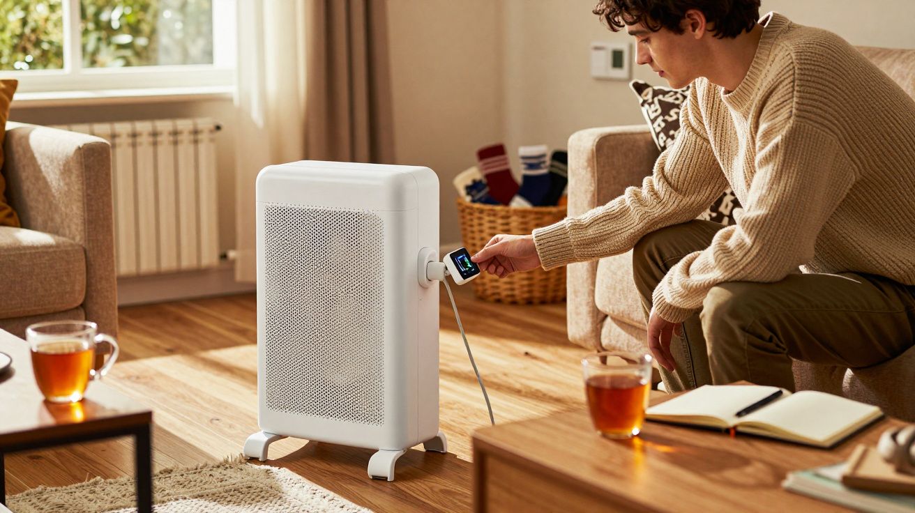 Eine Person stellt die Heizung in einem gemütlichen Wohnzimmer ein, mit Tee auf dem Tisch und Tageslicht durch das Fenster.