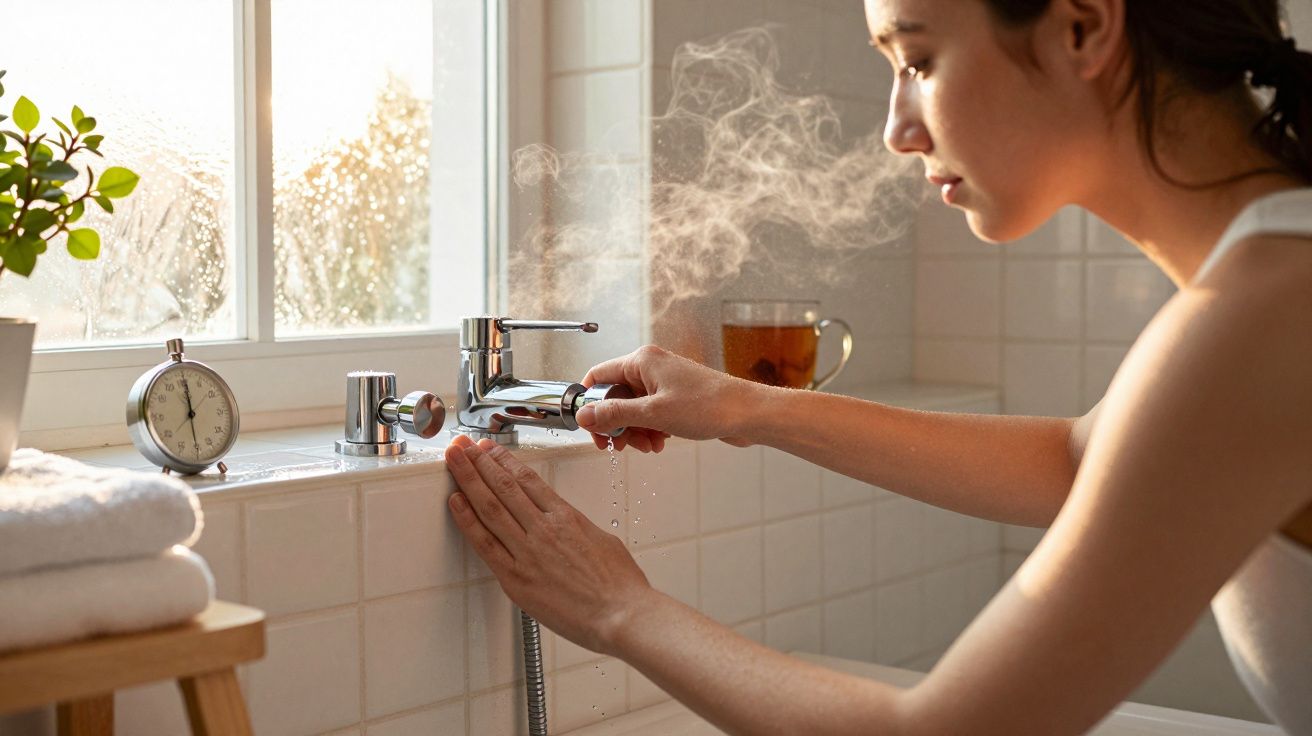 Frau dreht Wasserhahn im Badezimmer, heißer Dampf steigt auf. Uhr und Tasse Tee auf Fensterbank.
