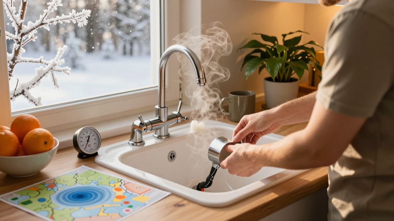 Person wäscht ein dampfendes Gefäß in der Küchenspüle, winterliche Landschaft draußen, Topfpflanze und Obstschale auf der Arb