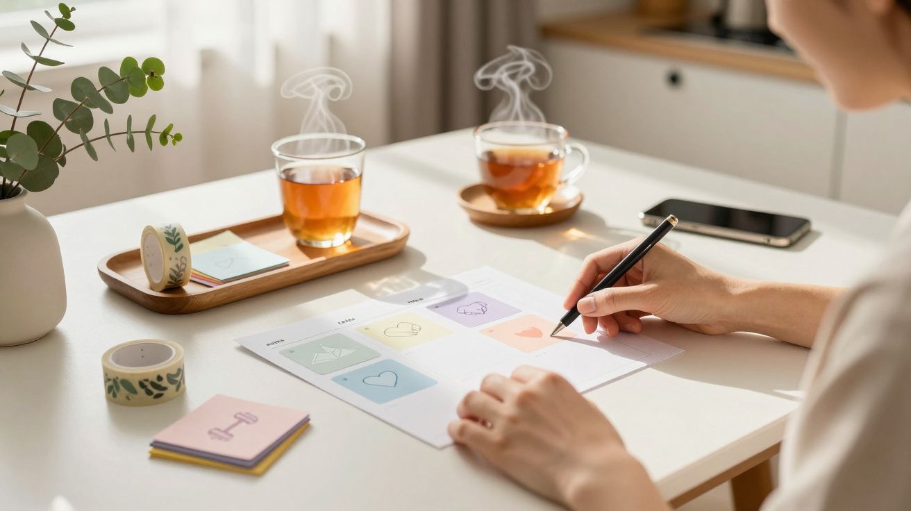 Person am Tisch schreibt auf Planer, mit Tee und Pflanze daneben.